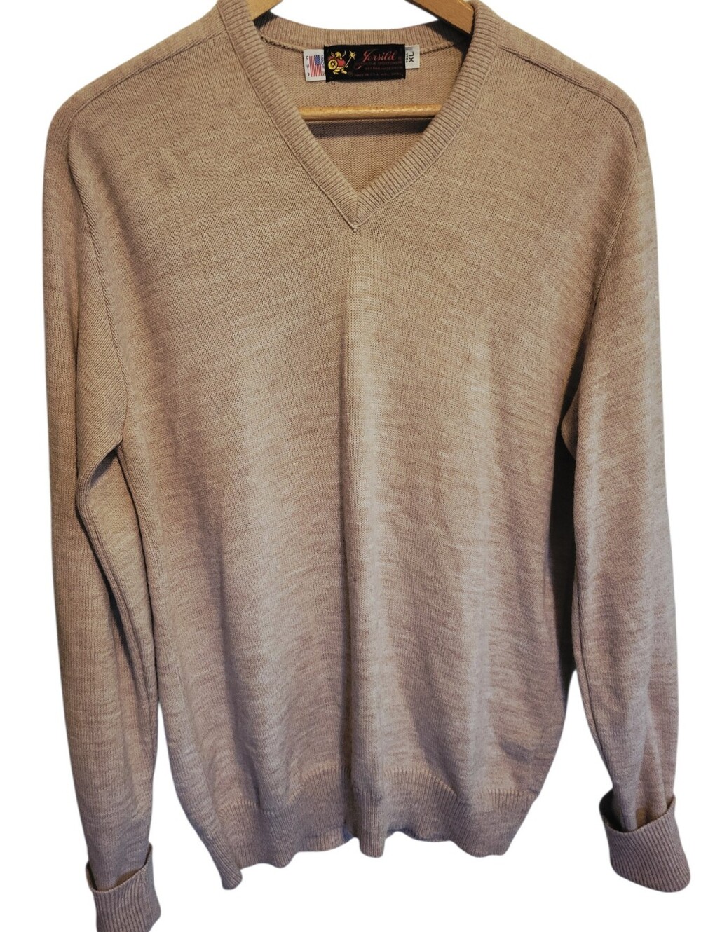 Vintage Jersild Knit Wool V-Neck Sweater Heather Tan Mens XL Made In USA